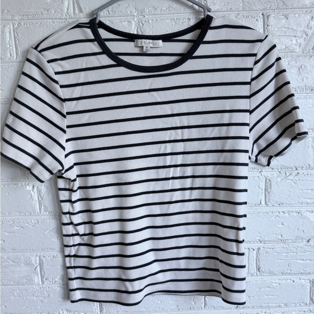 Z Supply‎ Womens Striped Ribbed T Shirt Short Sleeve Crew Neck Casual Top XL